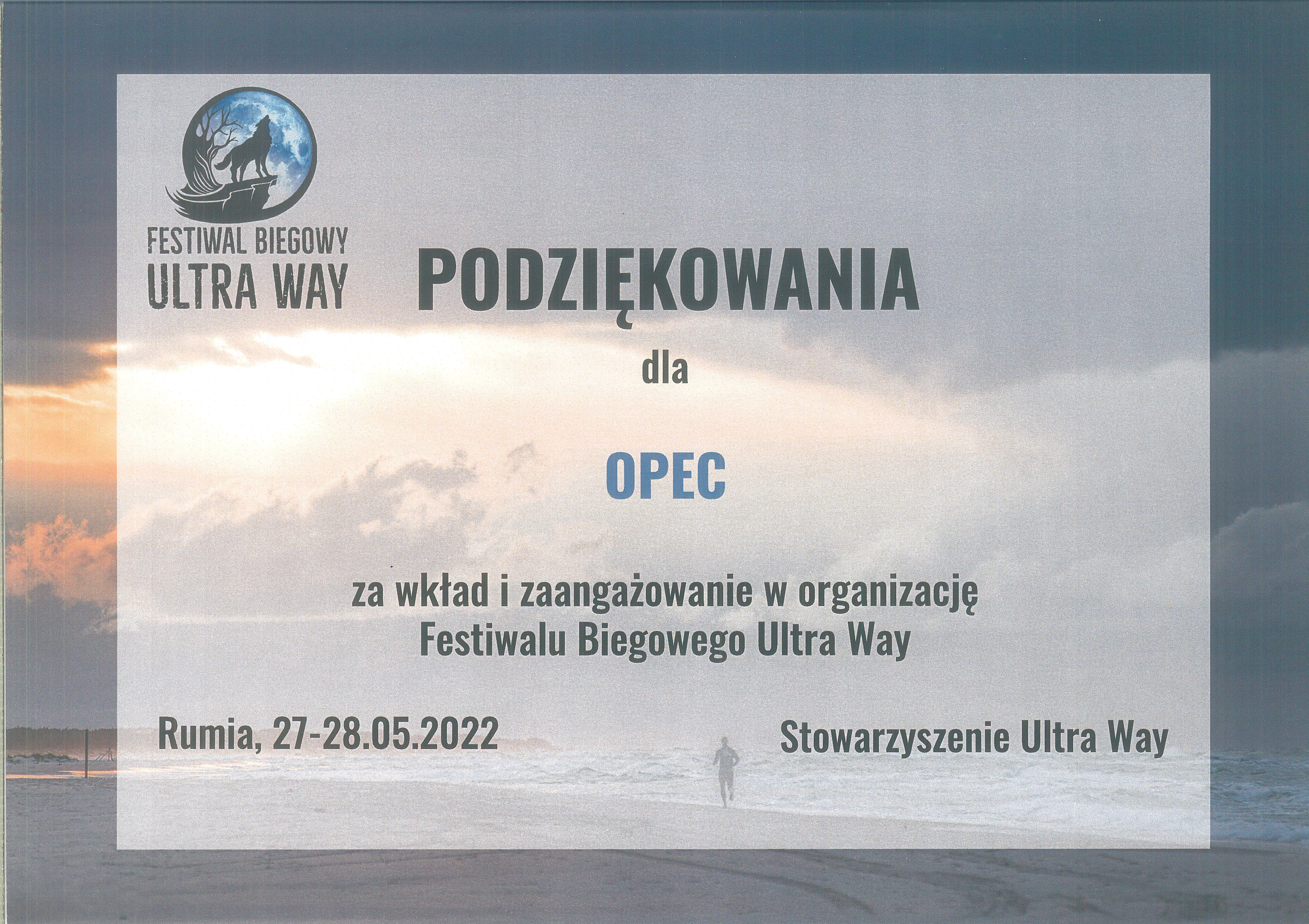 Podziękowania dla OPEC od organizatorów Festiwalu Biegowego Ultra Way